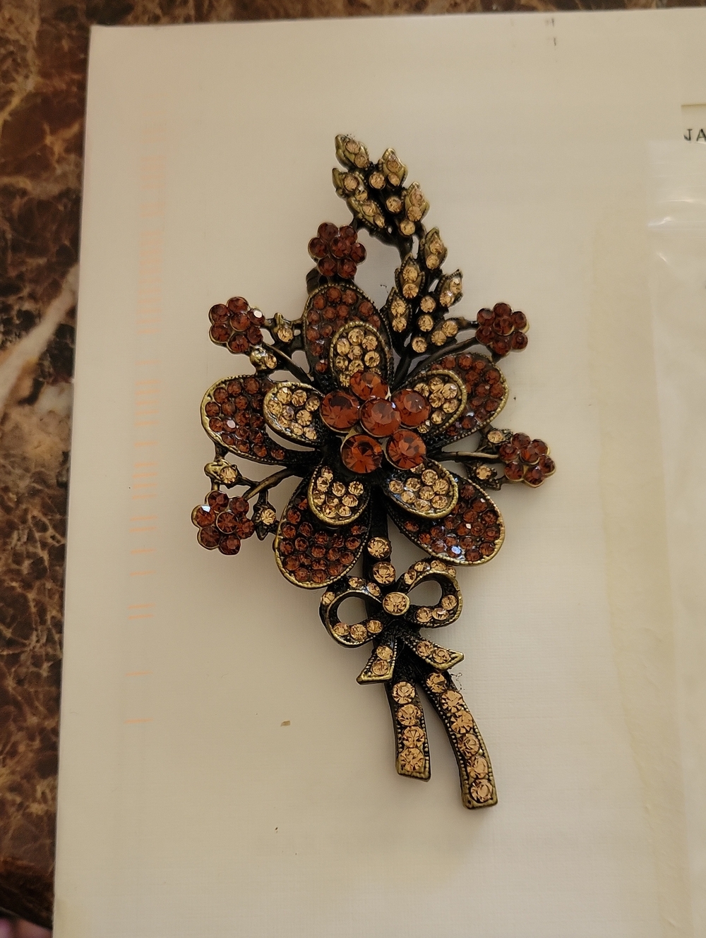 Vintage-Style Floral Crystal Brooch in Amber and Gold